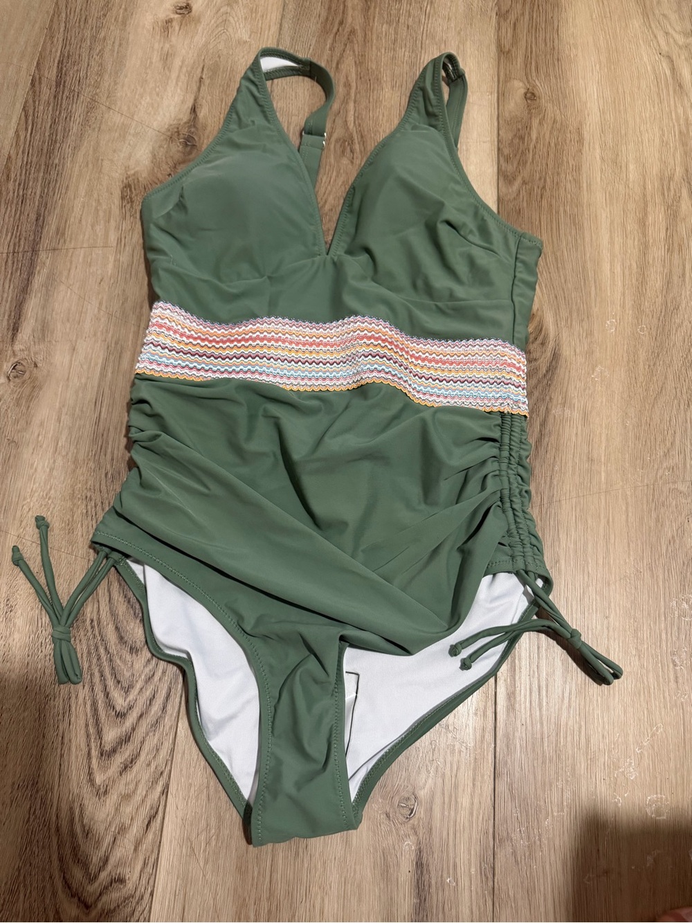 Women’s Olive Green One-Piece Swimsuit with Multicolor Waistband